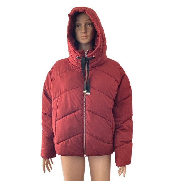 # 87 Nordstrom Puffer Coat Jacket Womens Size Medium Burgundy Wine New Chevron - Picture 2 of 10